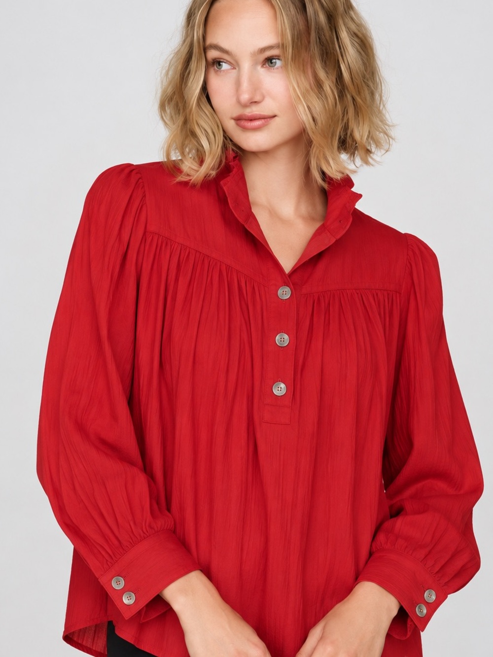 NWT Anthropologie Red Silk-Like Ruffle Collar Blouse XXS Fits Like S